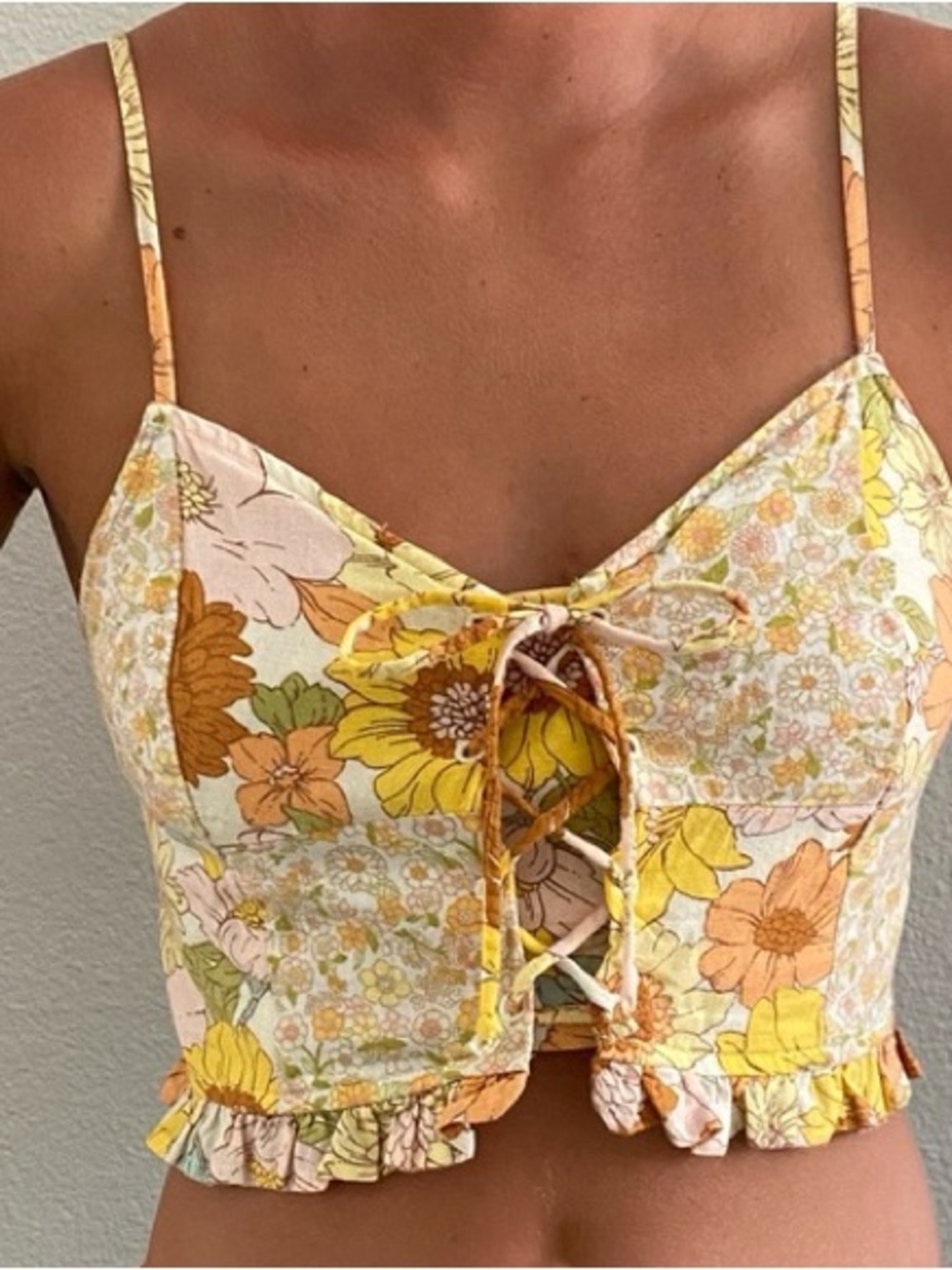 American Eagle Floral Patch Work Lace-Up Cropped Tank Top - size XS